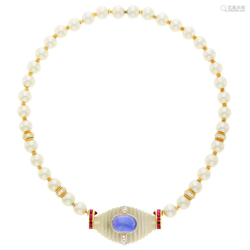 Boris LeBeau Cultured Pearl, Gold, Carved Frosted Rock