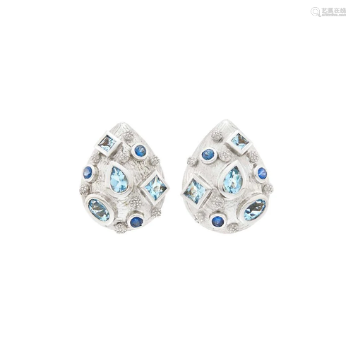 Mish Pair of White Gold, Aquamarine and Sapphire