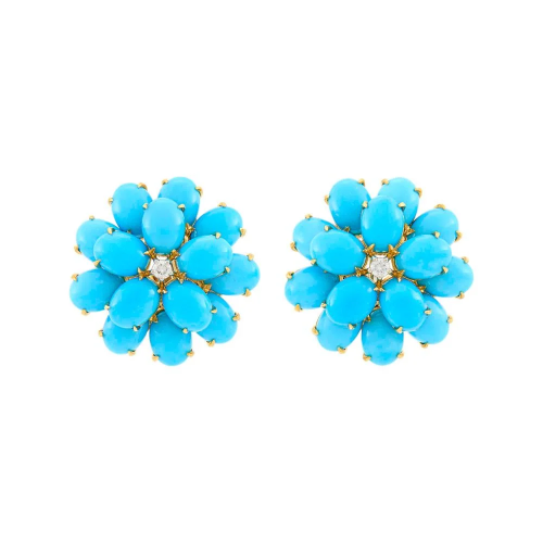Pair of Gold, Turquoise and Diamond Flower Earclips
