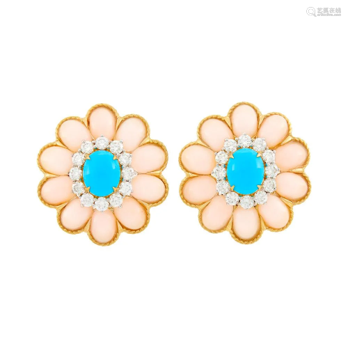 Pair of Gold, Turquoise, Angel Skin Coral and Diamond