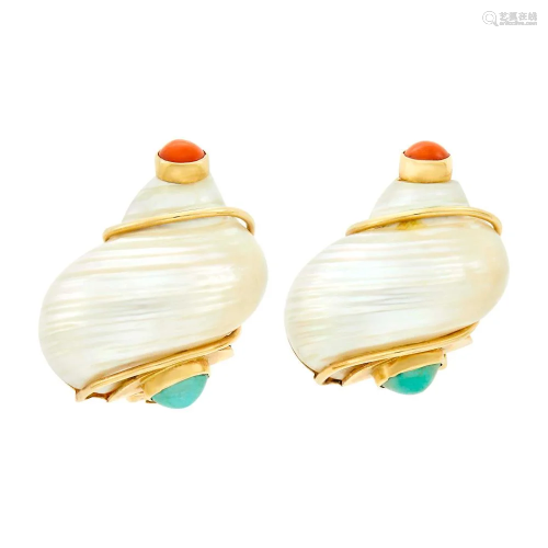 Seaman Schepps Pair of Gold, Shell, Coral and Turquoise