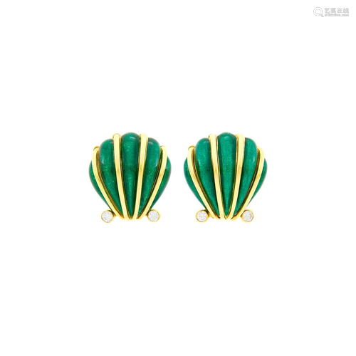 Tiffany & Co., Schlumberger Pair of Gold, Green Enamel