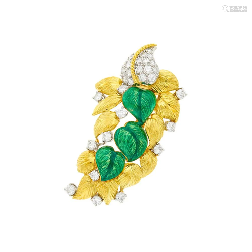 Gold, Platinum, Green Enamel and Diamond Leaf