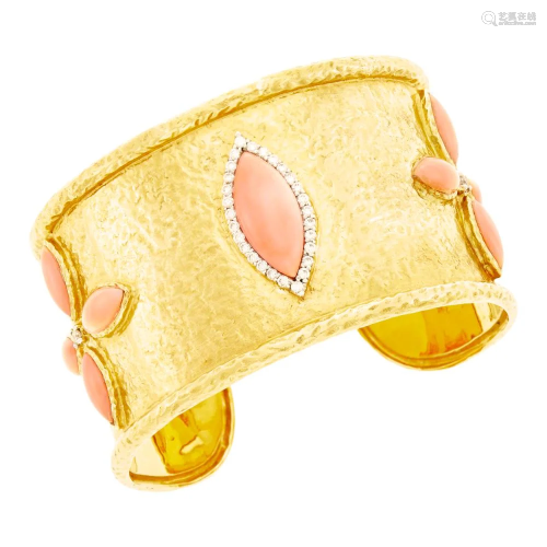 Hammered Gold, Angel Skin Coral and Diamond Cuff Bangle