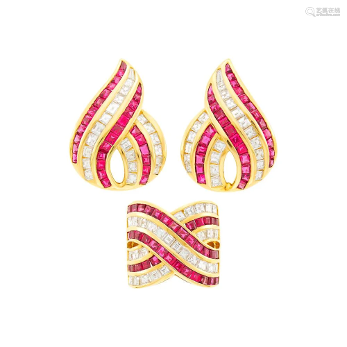 Wide Gold, Ruby and Diamond Ring and Pair of Earrings