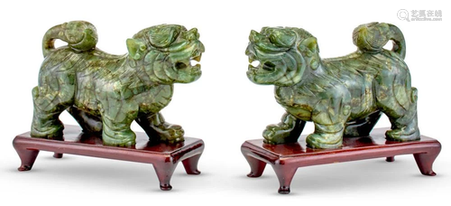 Pair of Chinese Spinach Jade Fu Lions