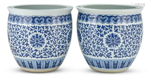 A Pair of Chinese Blue and White Porcelain Jardinieres