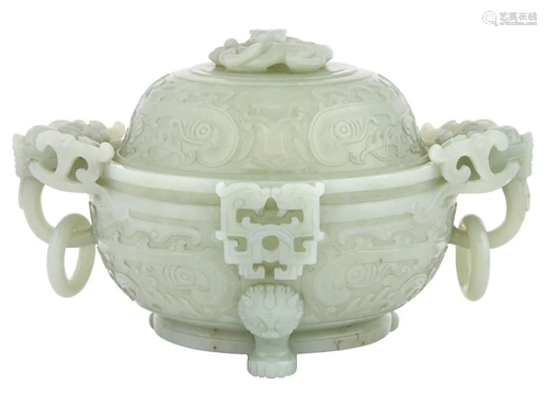 Chinese Celadon Jade Censer With Cover