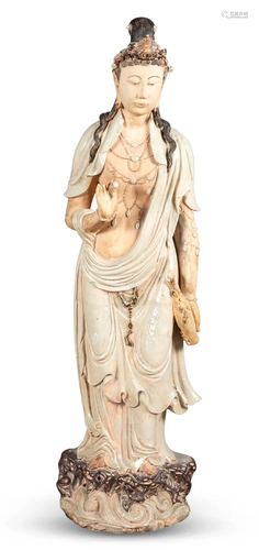 A Chinese Glazed and Painted Pottery Figure of Guanyin