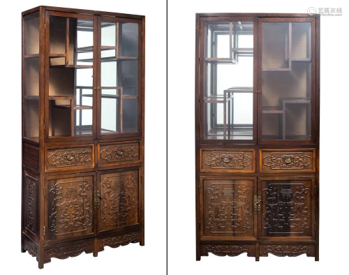 A Pair of Chinese Carved Hardwood Display Cabinets