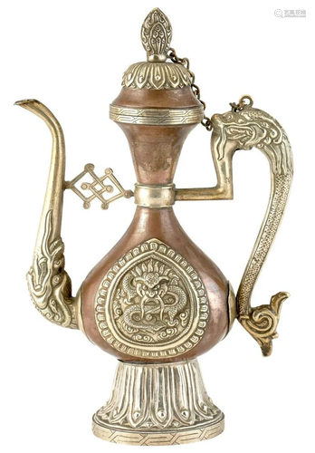 A Tibetan Copper Alloy and White Metal Ewer