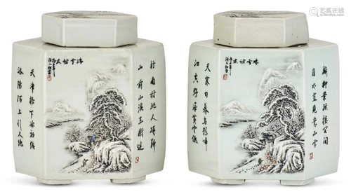 A Pair of Enameled Porcelain Canisters and Covers after