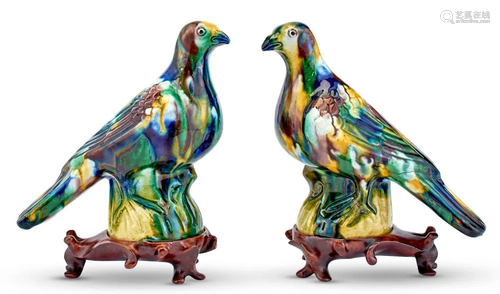 A Pair of Chinese Sancai Glazed Porcelain Birds