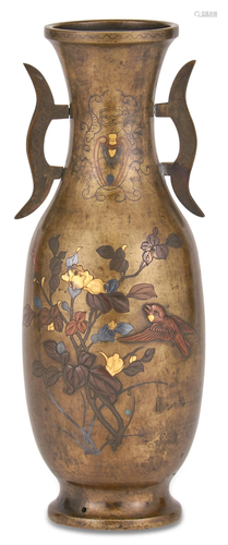 A Japanese Bronze and Mixed-Metal Vase; Together with a