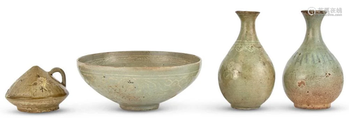 Four Korean Slip-Decorated Celadon Ceramics