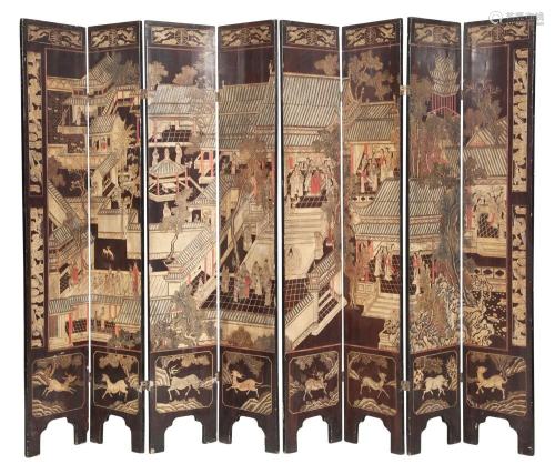 Chinese Polychrome-Decorated Coromandel Eight-Panel