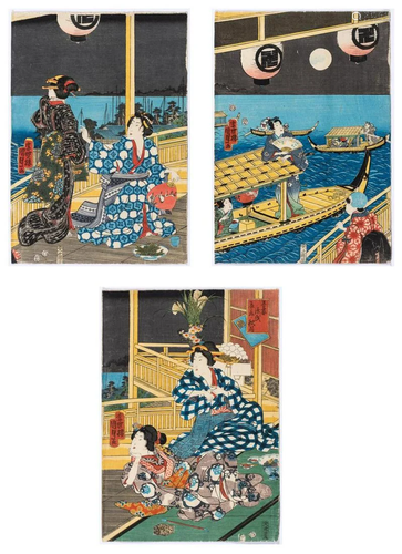 A Japanese Woodblock Tryptich by Kunisada II