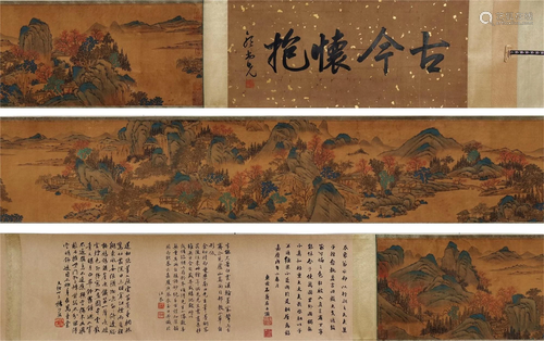 A CHINESE PAINTING OF MOUNTAINS AND RIVERSIDE VILLAGE