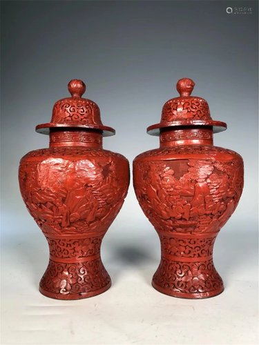 PAIR OF CARVED RED LACQUER JARS AND COVERS