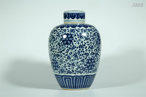 A BLUE AND WHITE TEA-LEAF JAR AND COVER