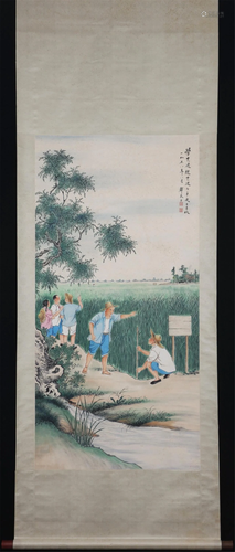 A CHINESE PAINTING DEPICTING FIGURES STORY