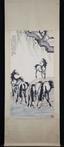 A CHINESE PAINTING OF FIVE HORSES AND WILLOW TREE