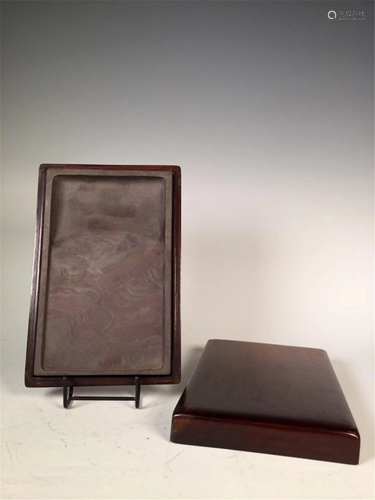 A RECTANGULAR INK-STONE WITH HARDWOOD BOX