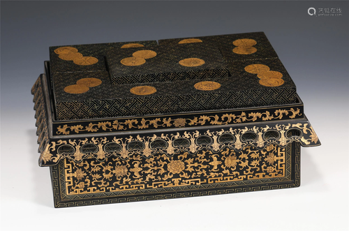 A GOLD PAINTED LACQUER-WARE STORAGE BOX