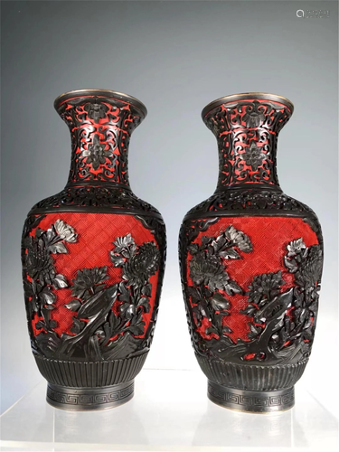 PAIR OF CARVED LACQUER FLORAL VASES