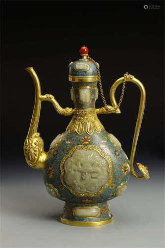 A WHITE JADE INLAID CLOISONNE ENAMEL DRAGON EWER