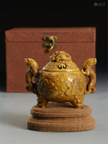 A SOAPSTONE INCENSE BURNER WITH DRAGON HANDLES