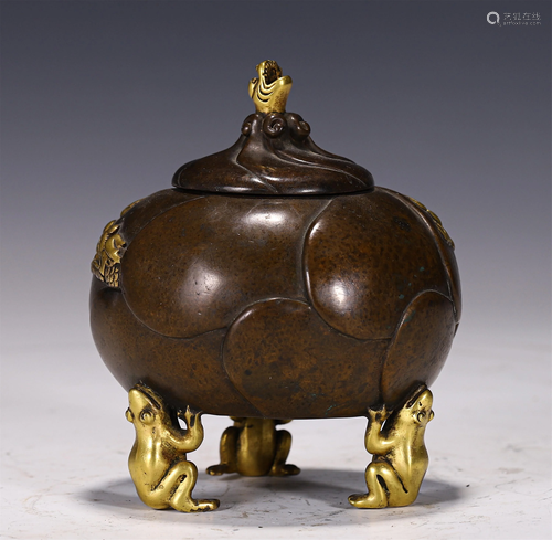 A GILT BRONZE TRIPOD INCENSE BURNER