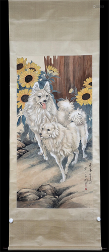 A CHINESE PAINTING OF TWO DOGS AND SUNFLOWERS