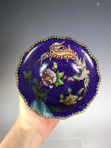 A BLUE GROUND CLOISONNE PHOENIX AND FLOWERS BOWL