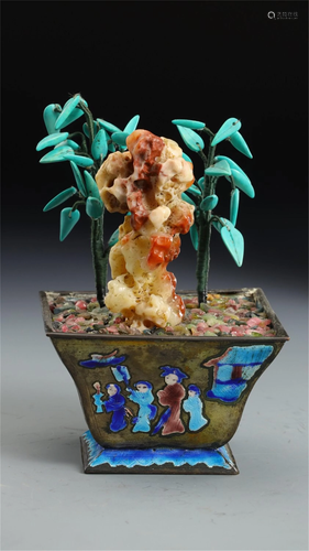 A SOAPSTONE BONSAI WITH BLUE ENAMEL BRONZE BASIN