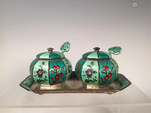 SET OF SILVER ENAMEL TEA-LEAF CANS WITH SPOONS & TRAY