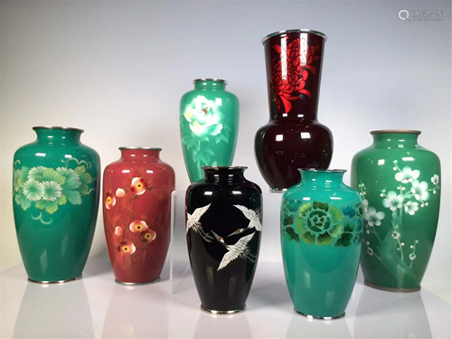 GROUP OF SEVEN JAPANESE CLOISONNE VASES