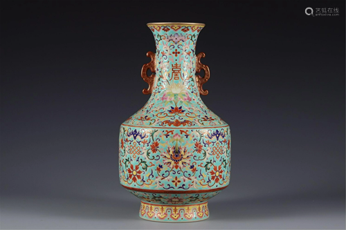 A TURQUOISE GROUND FAMILLE ROSE VASE