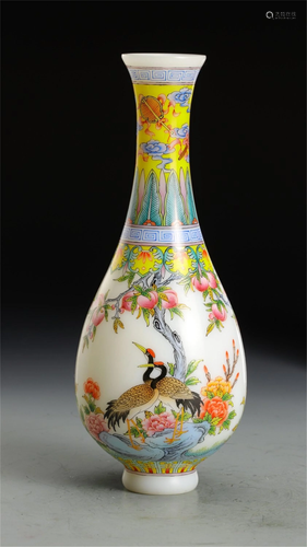 A POLYCHROME ENAMEL FLOWER-AND-BIRD GLASS VASE