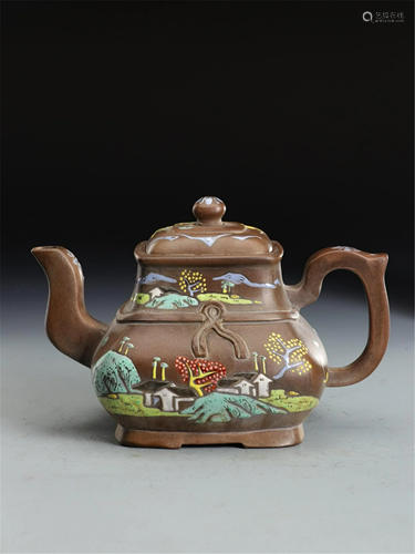 A POLYCHROME LANDSCAPE YIXING CLAY TEA POT