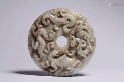 A CARVED CHI-DRAGONS CIRCULAR JADE BI