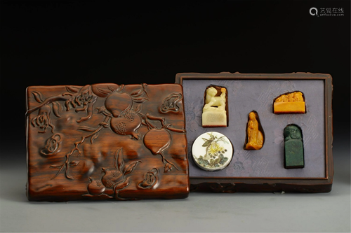 A SET OF SOAPSTONE SEALS AND AN INK-PASTE BOX