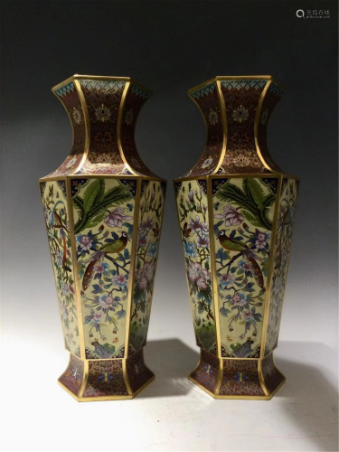 PAIR OF CLOISONNE ENAMEL HEXAGONAL VASES