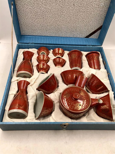 SET OF IRON-RED GLAZE GOLD PAINTED TEA WARES