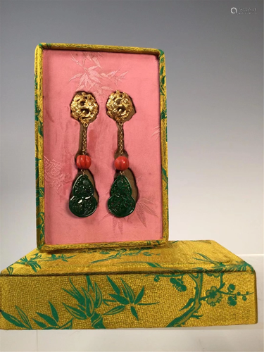 PAIR OF GILT SILVER, CORAL AND JADEITE EARDROPS