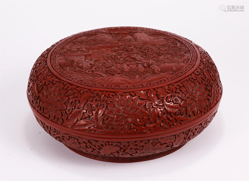 A CARVED RED LACQUER FIGURES STORY BOX AND COVER