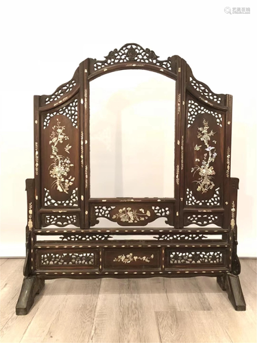 A MOTHER-OF-PEARL INLAID HARDWOOD TABLE SCREEN