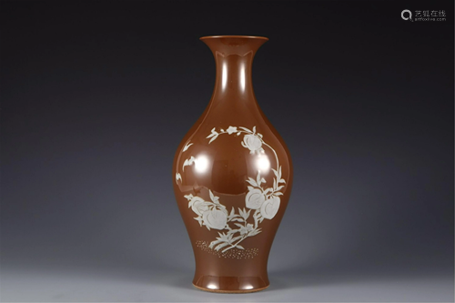 A BROWN GLAZE WHITE PEACHES VASE