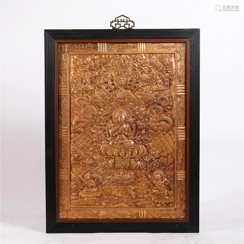 A FRAMED GILT BRONZE HANGING SCREEN OF BUDDHAS