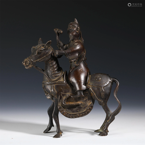 A BRONZE INCENSE BURNER OF FIGURE ON HORSE